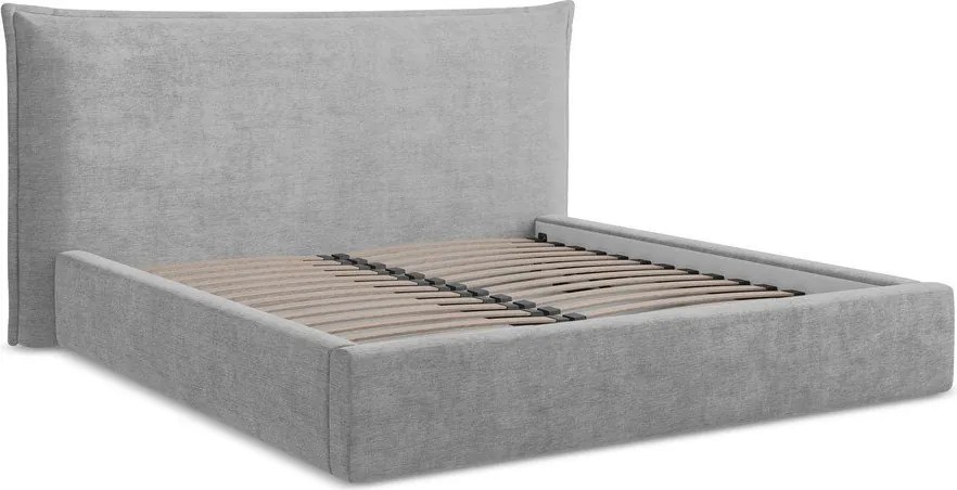 Pat matrimonial gri deschis tapițat cu spațiu de depozitare cu somieră 140x200 cm Esala – Makamii