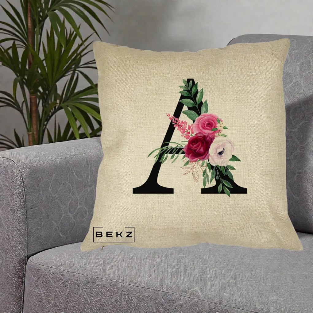 Cadou Personalizat - Perna Personalizata Monograma Florala Litera A, 40x40 cm, Crem, Husa Detasabila, Perna Inclusa, BEKZ®