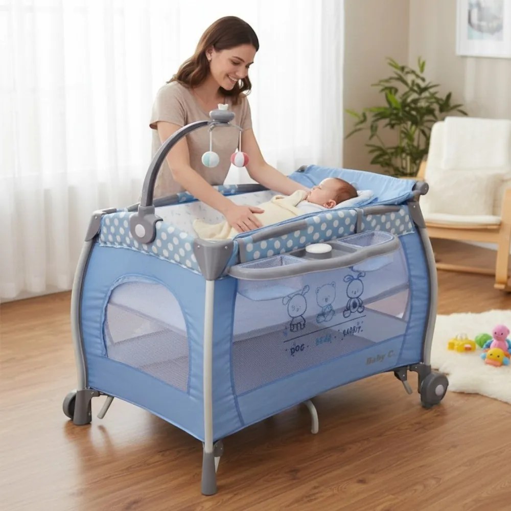 Patut Pliabil rotund cu balansoar, Tarc copii Baby Care™ PRO FRW, 2 Niveluri de inaltime, Cu melodii si Masa infasat, Carusel cu jucarii din plus,