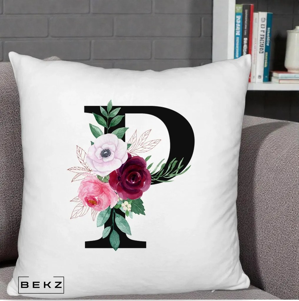 Cadou Personalizat - Perna Personalizata Monograma Florala Litera P, 40x40 cm, Alb Pufos, Husa Detasabila, Perna Inclusa, BEKZ®