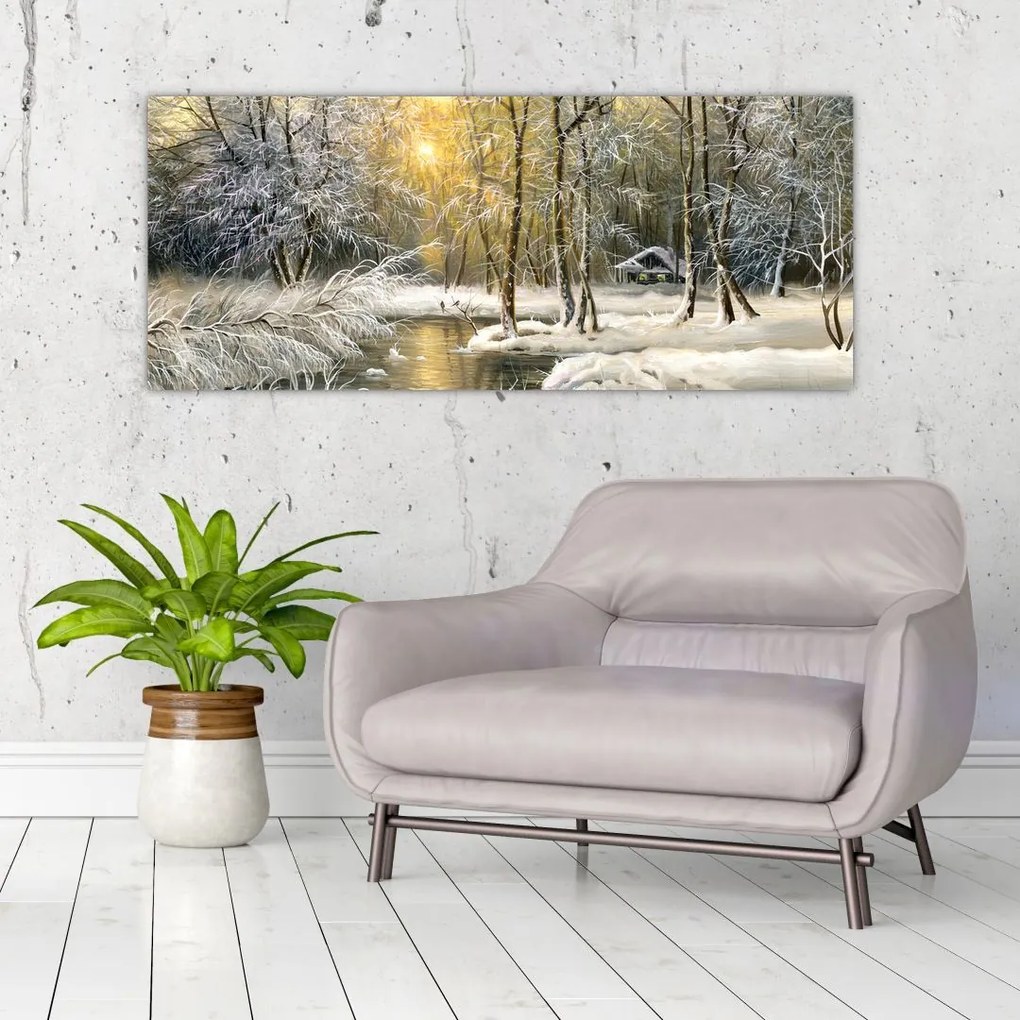 Tablou - Cabană în pădure, pictură în uei (120x50 cm)