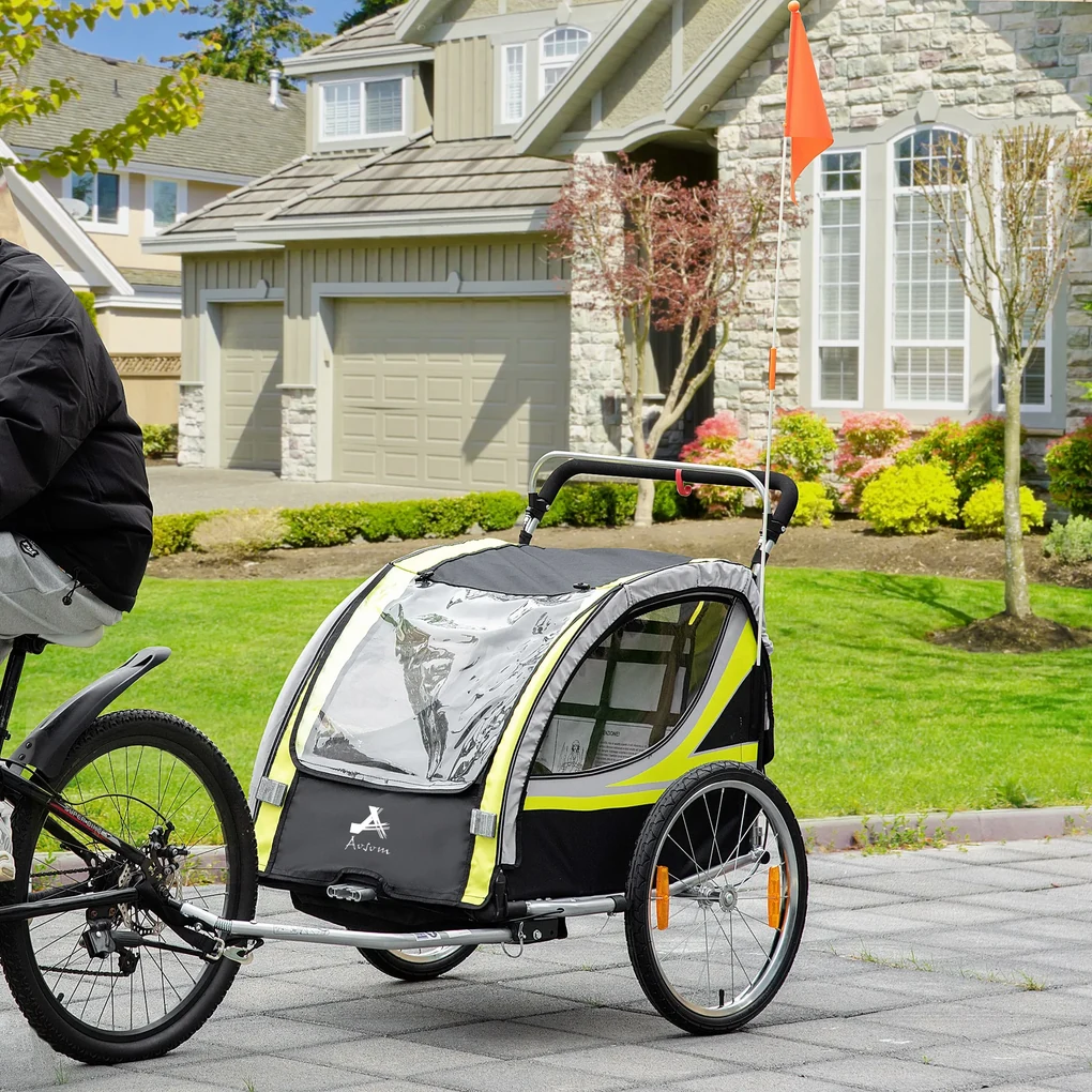 HOMCOM Remorca pentru bicicleta pentru copii 2 in 1, centura in 5 puncte, geanta de depozitare, reflector, steag, galben | Aosom Romania