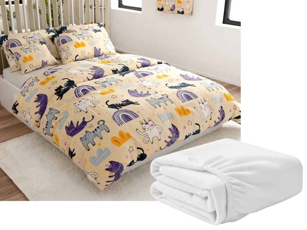 Set Lenjerie cocolino PURRSLEEP bej + Cearsaf Cocolino microplus cu elastic SOFT 180x200 cm alb, pat dublu