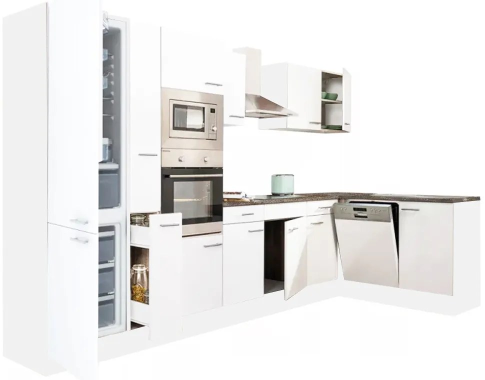 Mobilă de bucătărie de colț Yorki 370, corp alb, față alb satinat, cu frigider sub blat