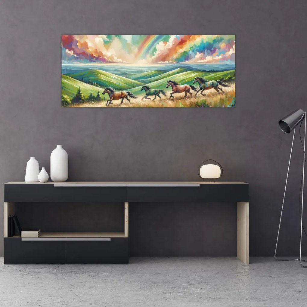 Tablou – Cai galopând prin peisaj (120x50 cm)