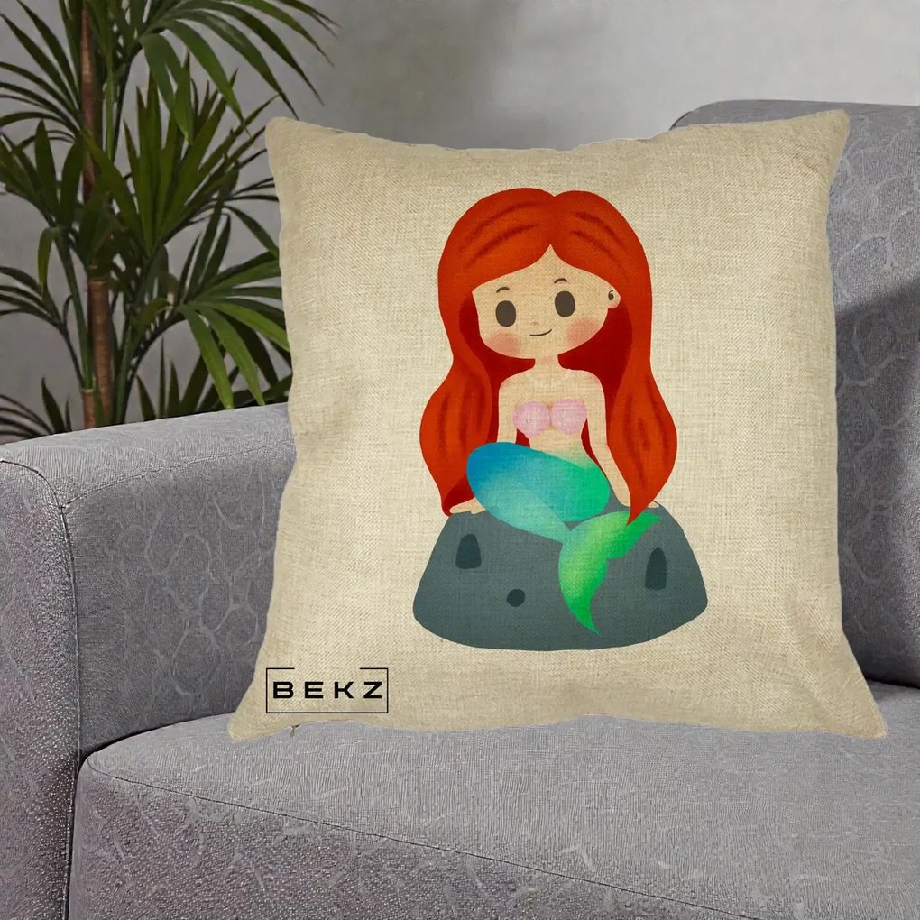 Perna Personalizata Sirena Kawaii Roscat, 40x40 cm, Crem, Husa Detasabila, Perna Inclusa, BEKZ®