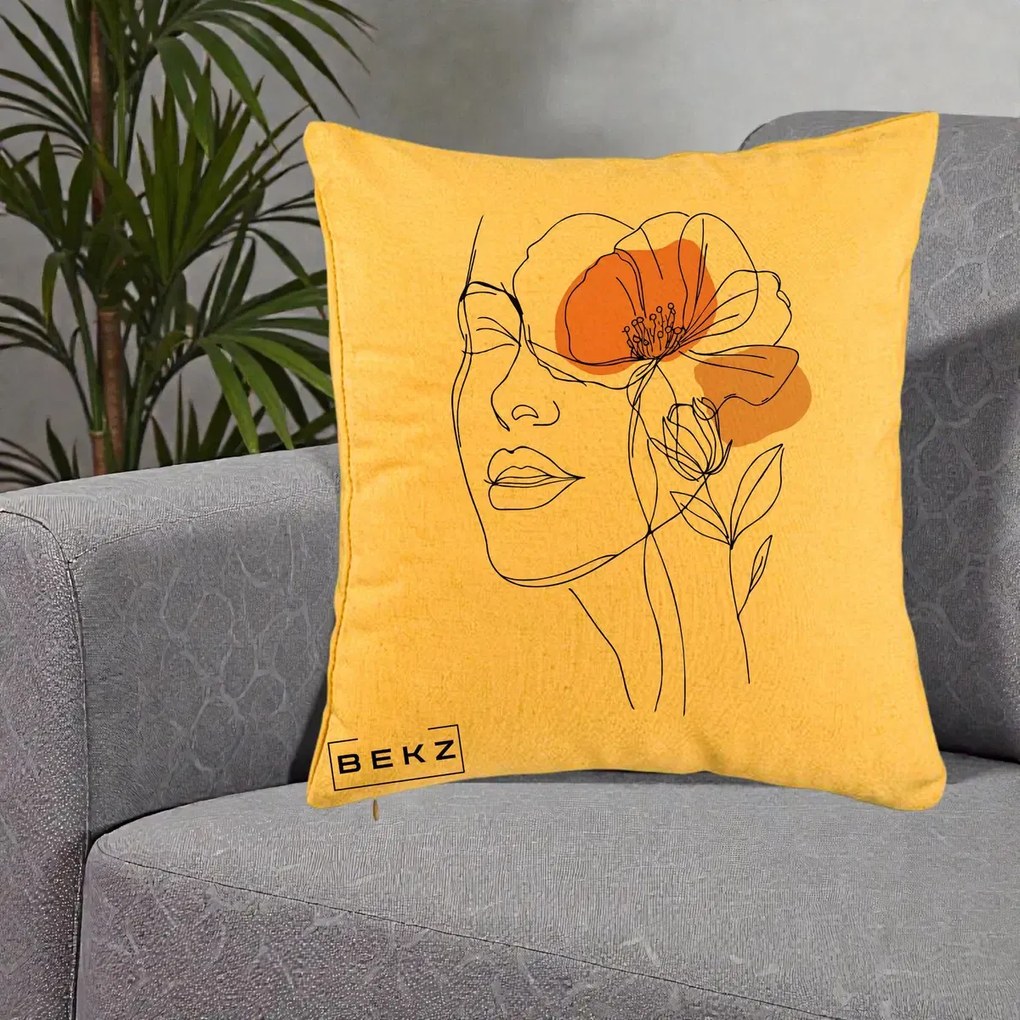 Perna Decorativa Portret Feminin Mac Profilat, 40x40 cm, Galben, Husa Detasabila, Perna Inclusa, BEKZ®