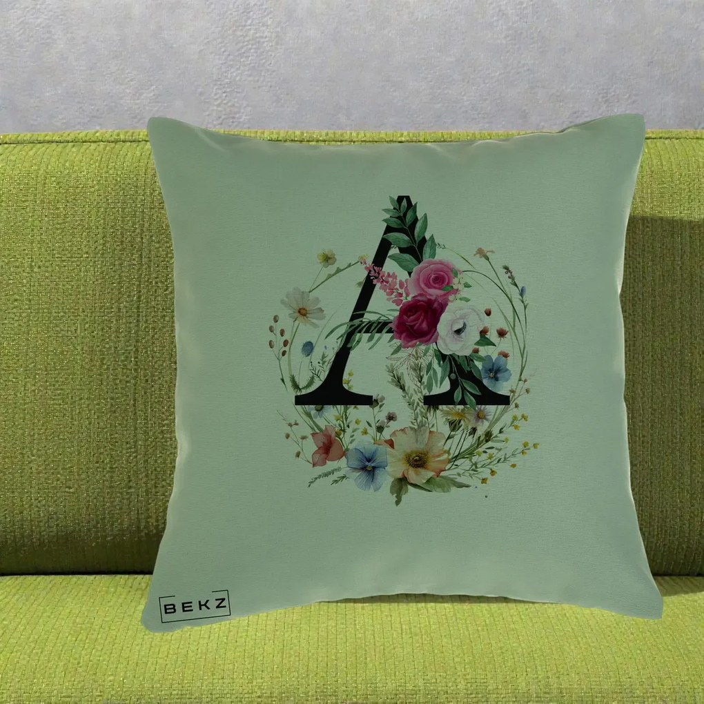 Cadou Personalizat - Perna Personalizata Monogram Litera A cu Flori Acuarela, 40x40 cm, Verde, Husa Detasabila, Perna Inclusa, BEKZ®