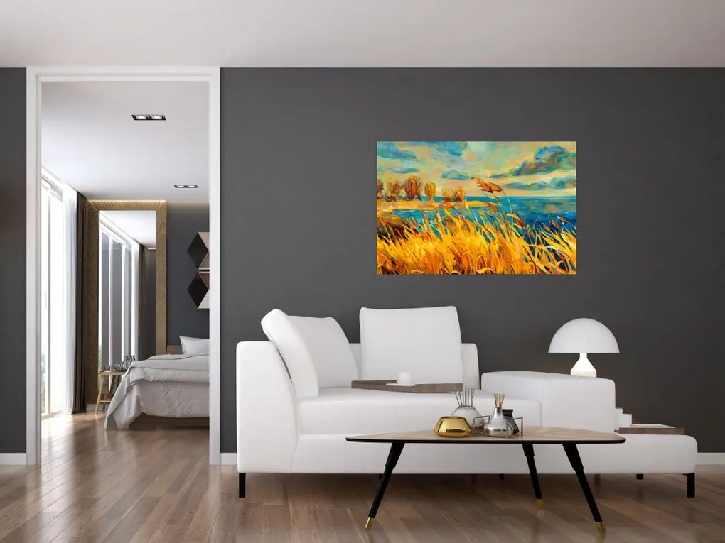 Tablou - Apus de soare peste lac, pictură acrilică (90x60 cm)