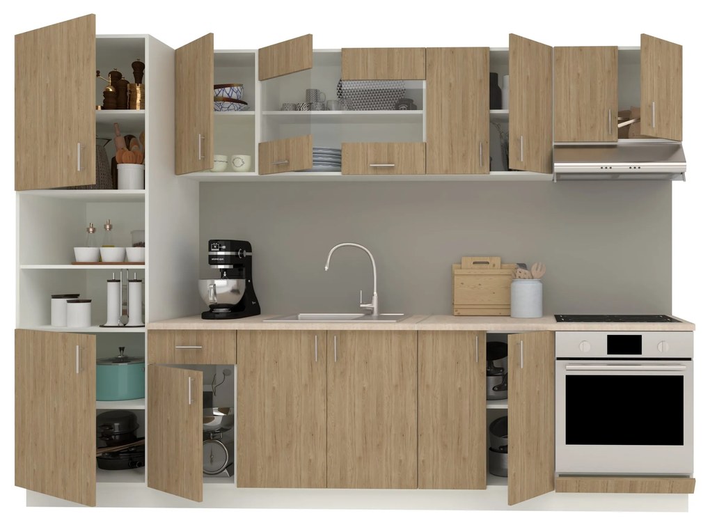 Set Bucatarie Karo V27, Lemn Natural/Alb, Blat Thermo 28 mm, L 300 cm