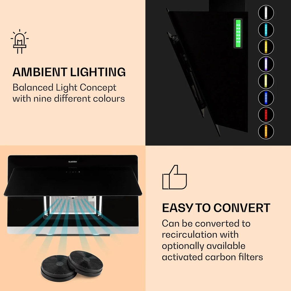 Klarstein Aurora Eco 90, hotă, 90 cm, de perete, 550 m³/h, A+, control tactil, neagra