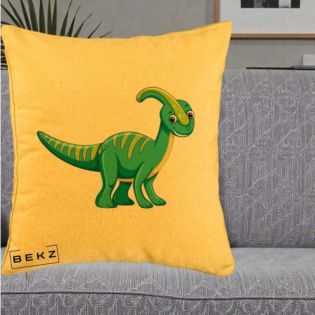Perna Decorativa Parasaur Verde, 40x40 cm, Galben, Husa Detasabila, Perna Inclusa, BEKZ®