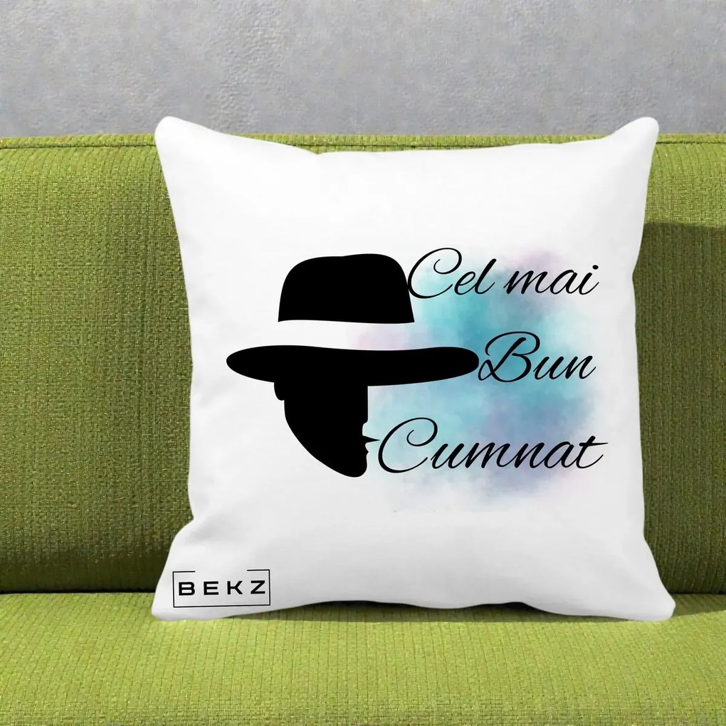 Cadou pentru Cumnat - Perna Personalizata Cel mai Bun Cumnat cu Silueta Palarie si Pete Teal-Roz, 40x40 cm, Alba Mata, Husa Detasabila, Perna Inclusa, BEKZ®