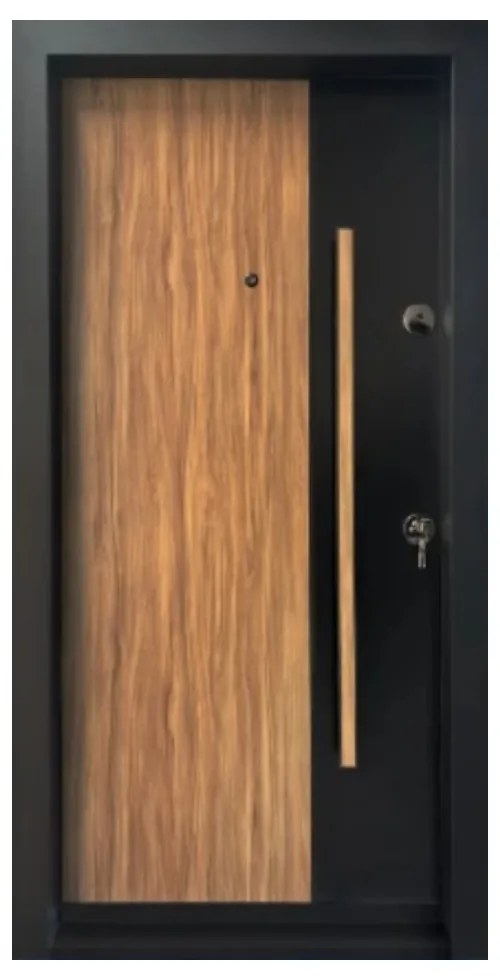 Usa metalica de exterior cu izolatie si vizor Novo Doors NDA3, Din compozit, 2 yale, Kit complet, Pentru case, Negru perlat cu stejar deschis (Sens