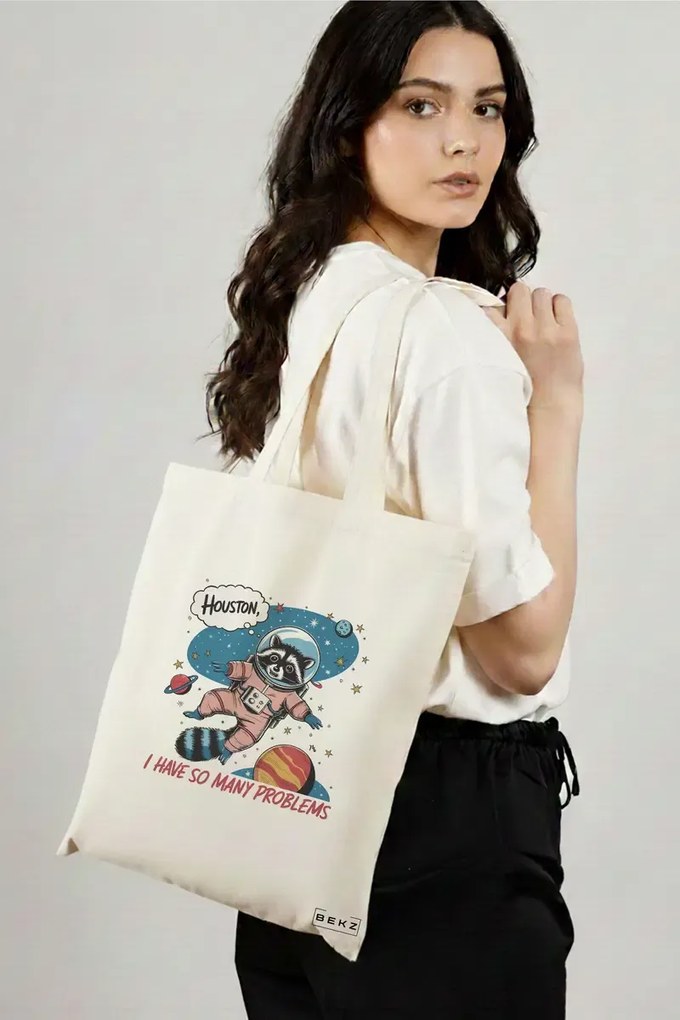 Sacosa de Panza pentru Cumparaturi, Geanta Tote, model Huston I have so many problems 38 x 34.5 cm, Alba, BEKZ®