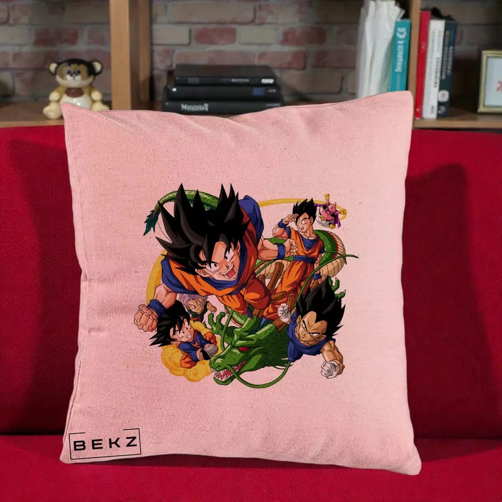 Perna Personalizata Dragon Ball Goku si Shenron Actiune, 40x40 cm, Roz, Husa Detasabila, Perna Inclusa, BEKZ®