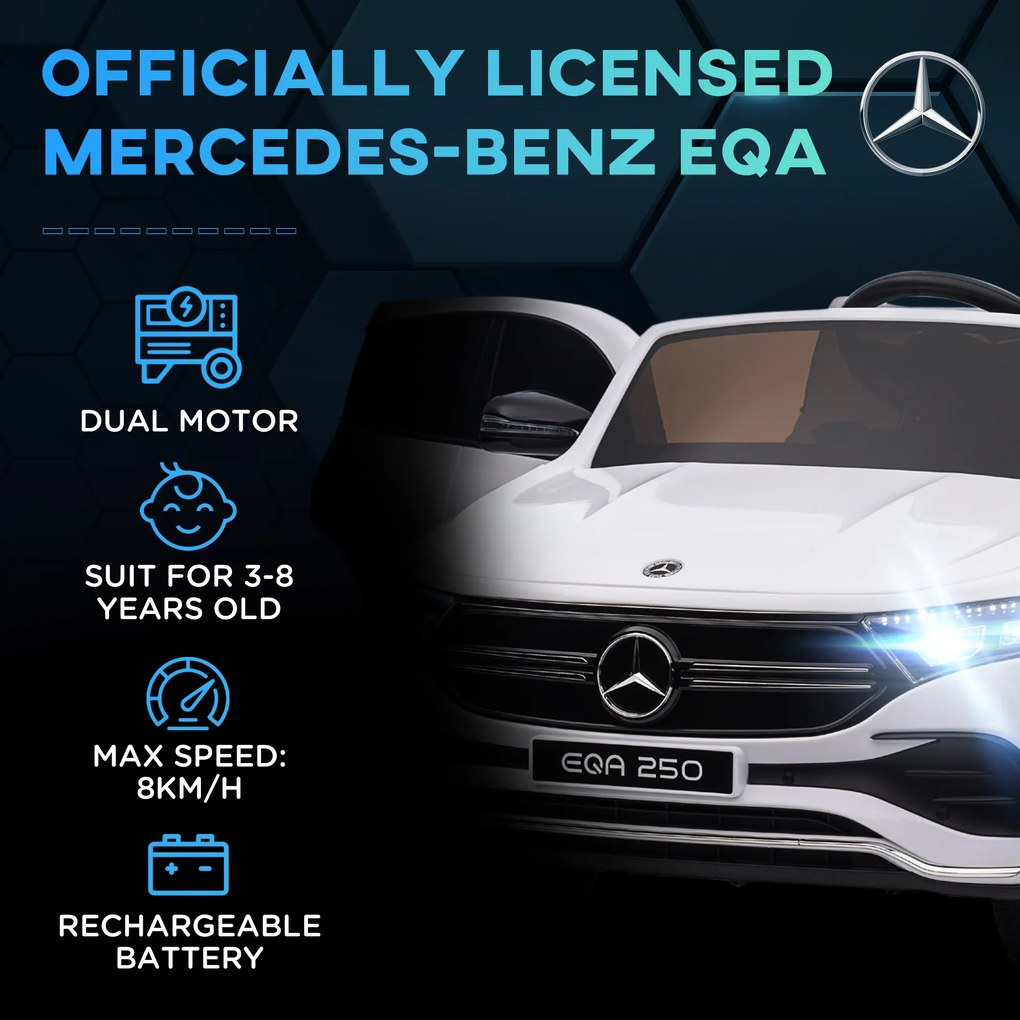 Mercedes-Benz EQA 12V Masinuta Electrica pentru Copii cu Baterie Portabila, cu Telecomanda, Muzica, Claxon, pentru 3-8 ani Alb HOMCOM | Aosom Romania