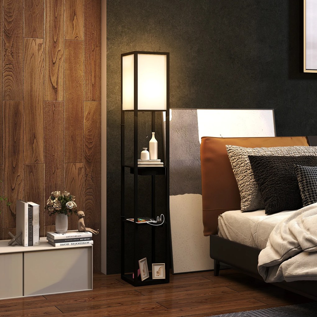 HOMCOM Lampadaire modern cu LED-uri și rafturi cu port USB A+C, comutator la picior pentru salon, cameră, birou, negru | Aosom Romania