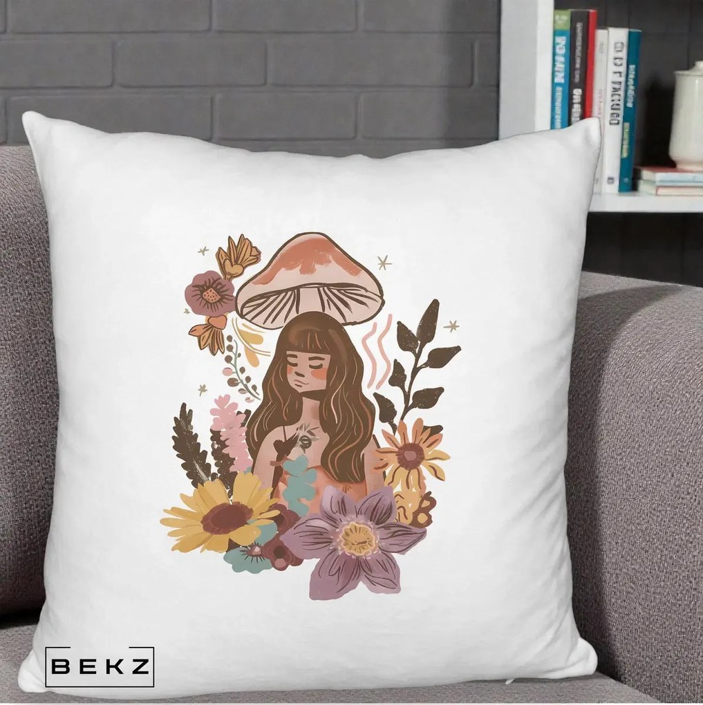 Perna Decorativa Fata Ciuperca Boho Florala, 40x40 cm, Alb Pufos, Husa Detasabila, Perna Inclusa, BEKZ®