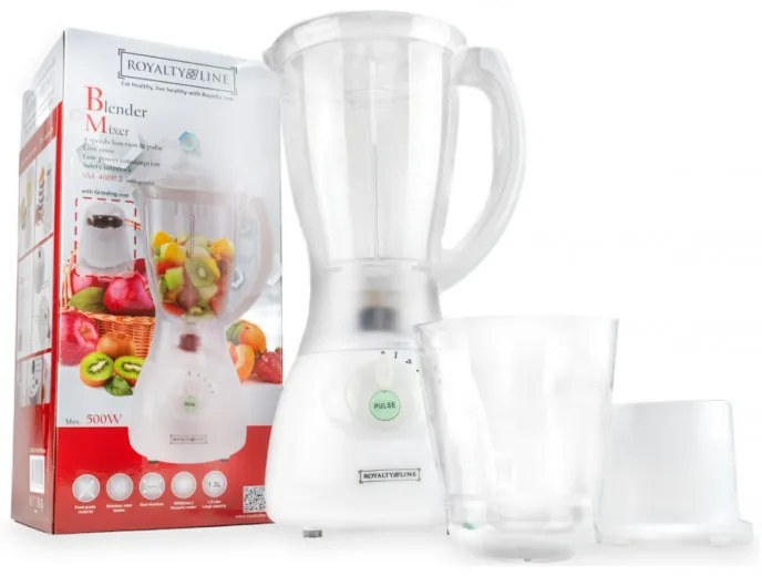 Blender cu rasnita Royalty Line RL-SM-400P, 400W, 1,5 litri, 4 viteze + impuls, Alb / Gri