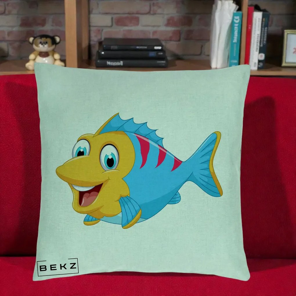 Perna Decorativa Peste Vesel Cartoon, 40x40 cm, Verde Menta, Husa Detasabila, Perna Inclusa, BEKZ®