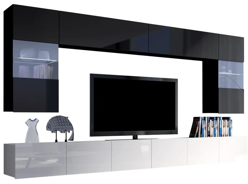Mobilier living Brolani I (Negru + lucios Negru + Alb + lucios Alb) (cu iluminat LED albastru). 1104540