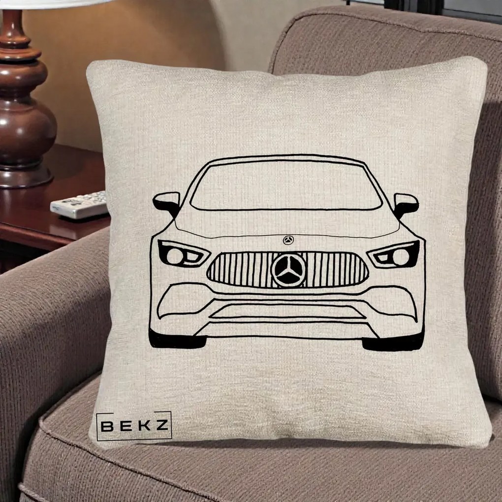Perna Personalizata Mercedes-Benz Fata Linie, 40x40 cm, Bej Canapea, Husa Detasabila, Perna Inclusa, BEKZ®