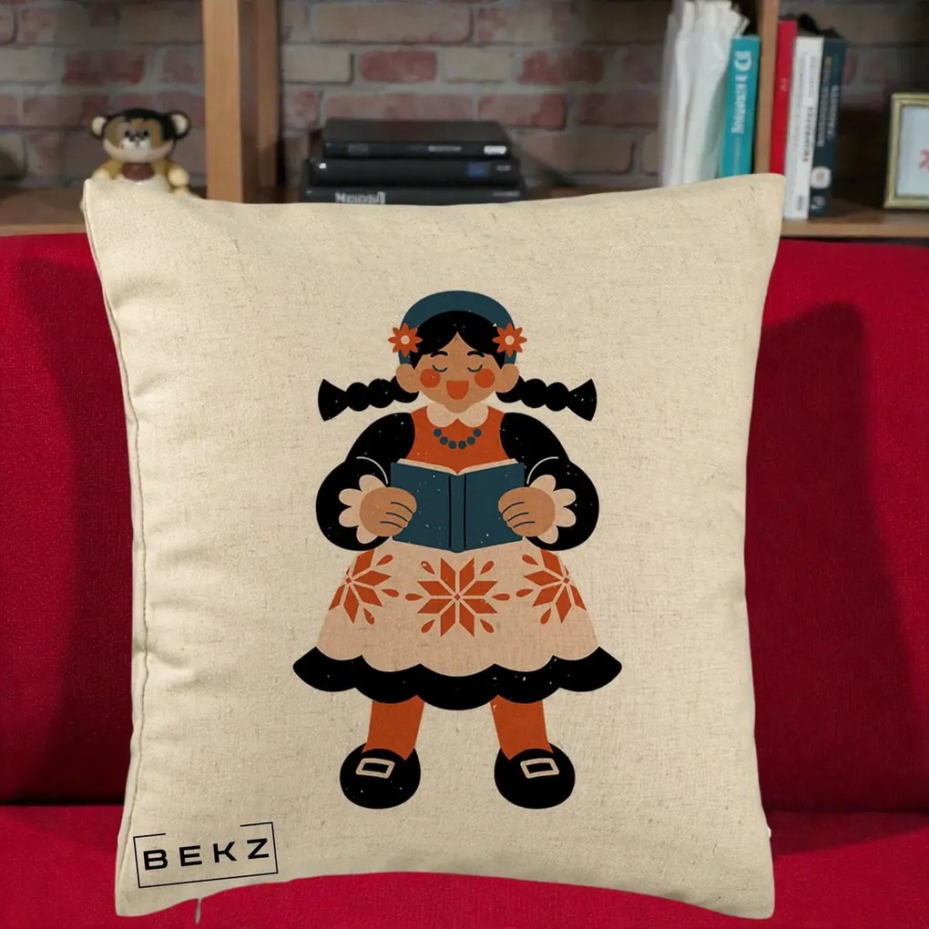 Perna Personalizata Fetita cu Carte Ilustratie Folk, 40x40 cm, Bej, Husa Detasabila, Perna Inclusa, BEKZ®
