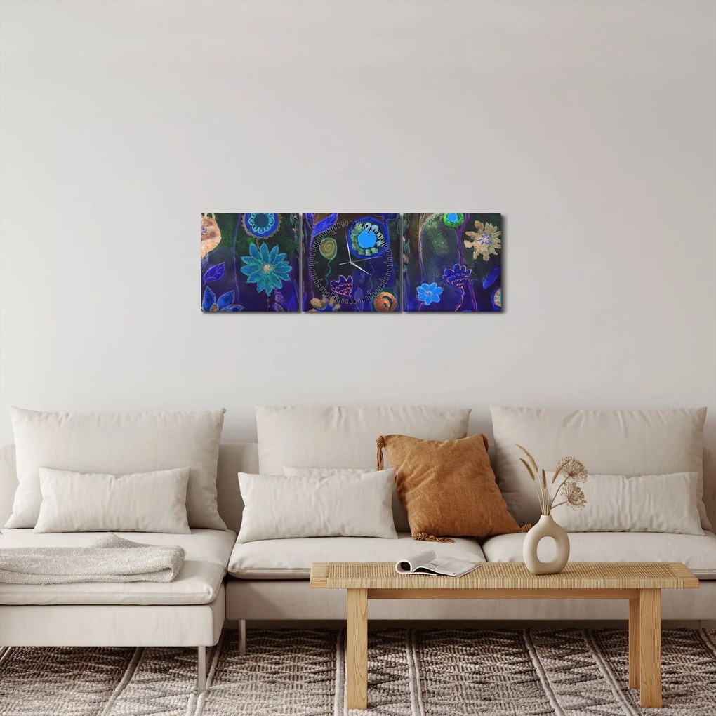 Tablou - Flori albastru închis (cu ceas) (90x30 cm)