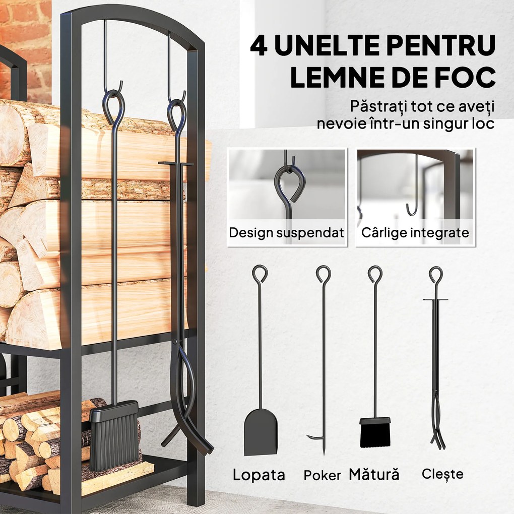 Outsunny Caseta pentru Lemne cu Set Unelte pentru Semineu in Otel Negru 40 x 30 x 74.5 cm