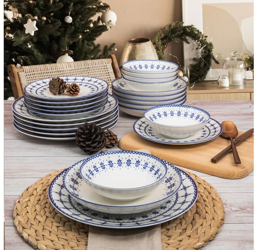 Set de veselă 24 piese, alb/albastru, porțelan