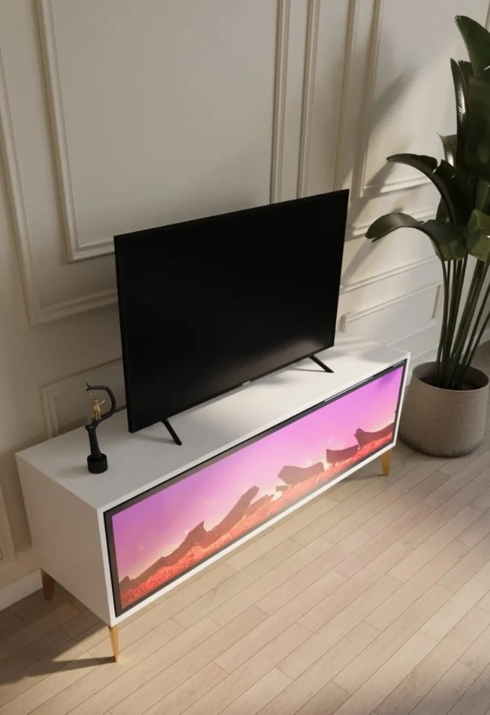 RESIGILAT- Comoda TV cu șemineu electric, Alb/Auriu, 160x40x45 cm