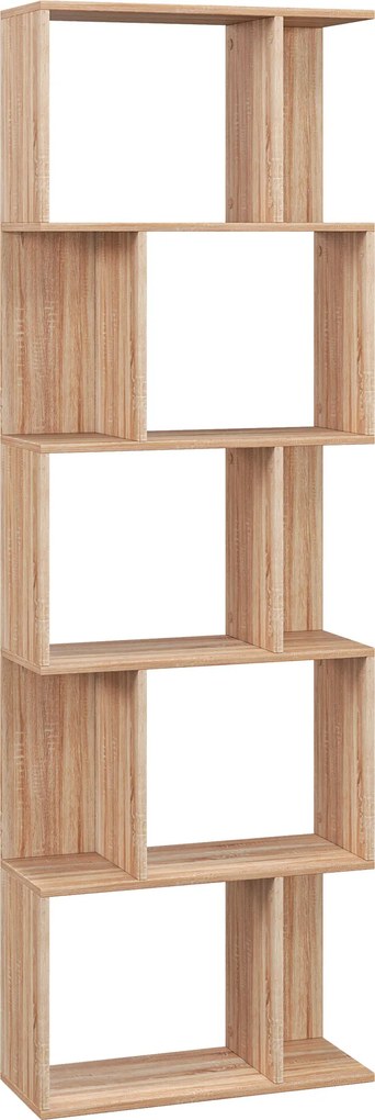 HOMCOM Bibliotecă cu 5 Rafturi Separate cu Spațiu de Economisire în Formă de S din Lemn, 60x24x184,5 cm, Lemn Natural | Aosom Romania