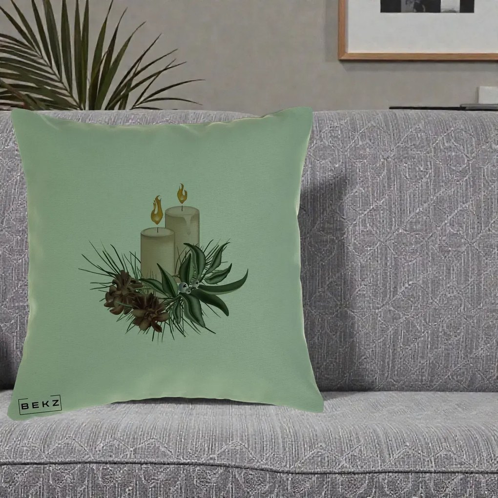 Perna Decorativa Lumanari cu Ilex si Conuri Ilustratie, 40x40 cm, Verde, Husa Detasabila, Perna Inclusa, BEKZ®