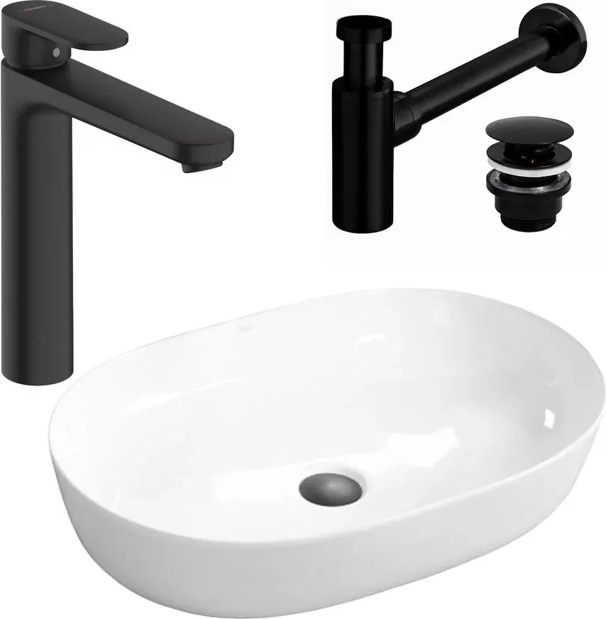 Pachet lavoar pe blat Rea Cleo alb 61 cm, baterie lavoar Hansgrohe Vernis Blend negru si ventil lavoar Click-Clack negru
