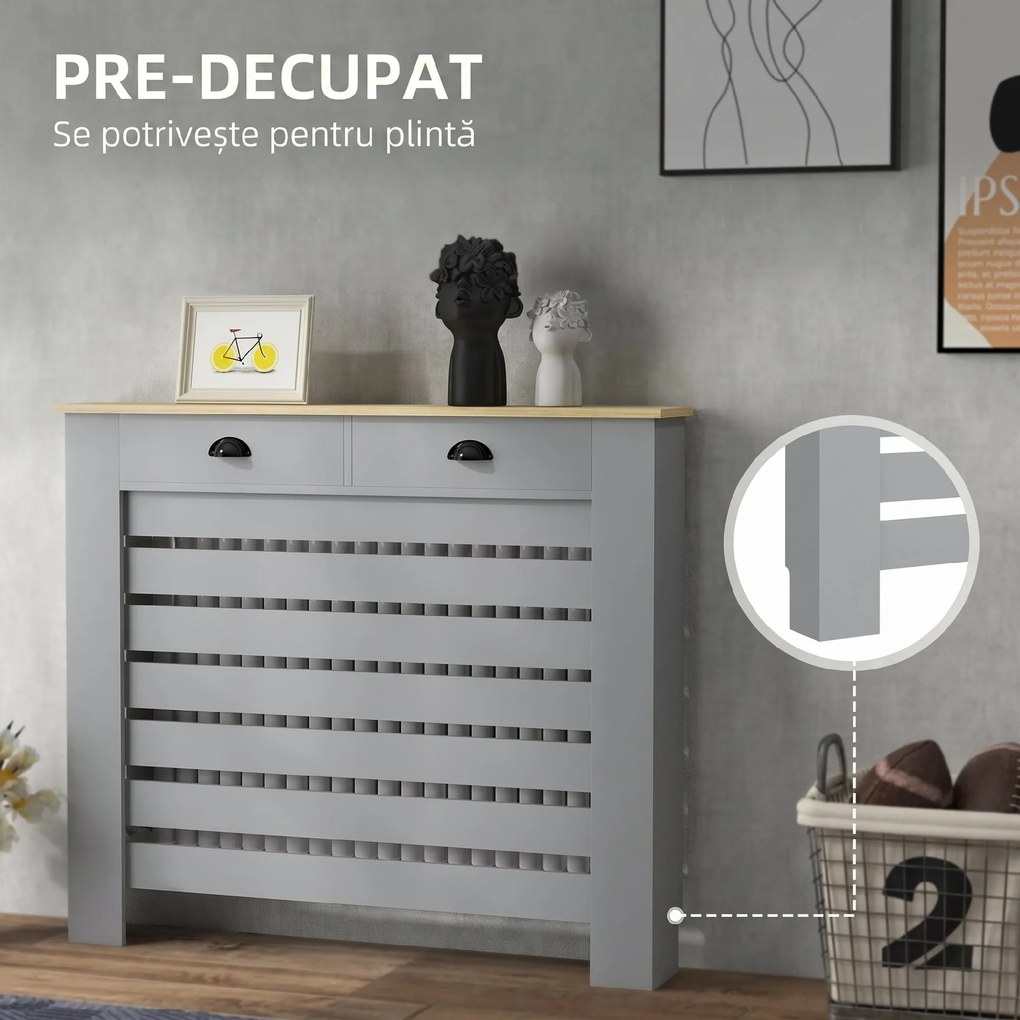 HOMCOM Acoperiș pentru calorifer din MDF cu doghe, cu 2 sertare, 111x19x95.5 cm, Gri | Aosom Romania