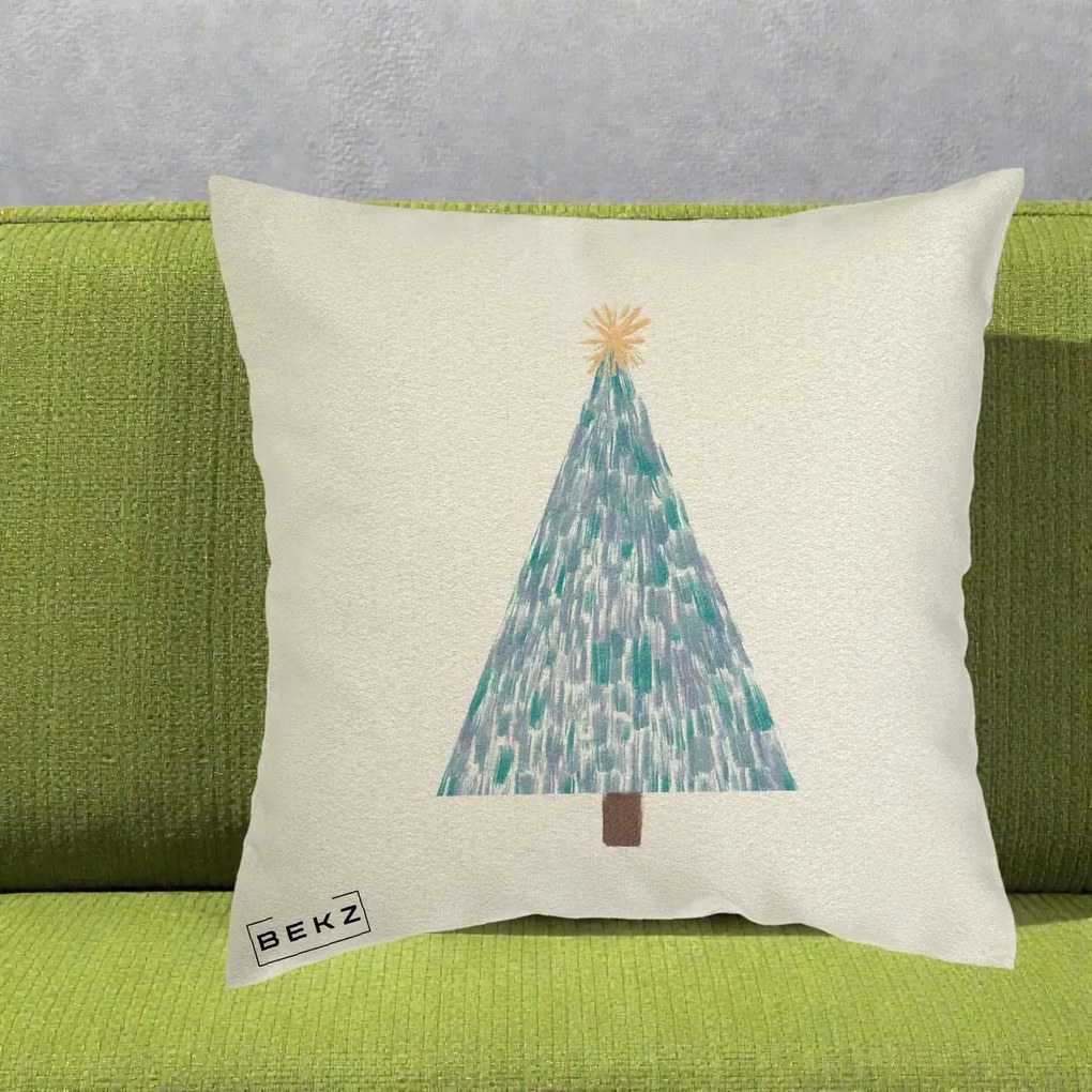 Perna Decorativa Brad de Craciun Acrilic Albastru, 40x40 cm, Ecru, Husa Detasabila, Perna Inclusa, BEKZ®
