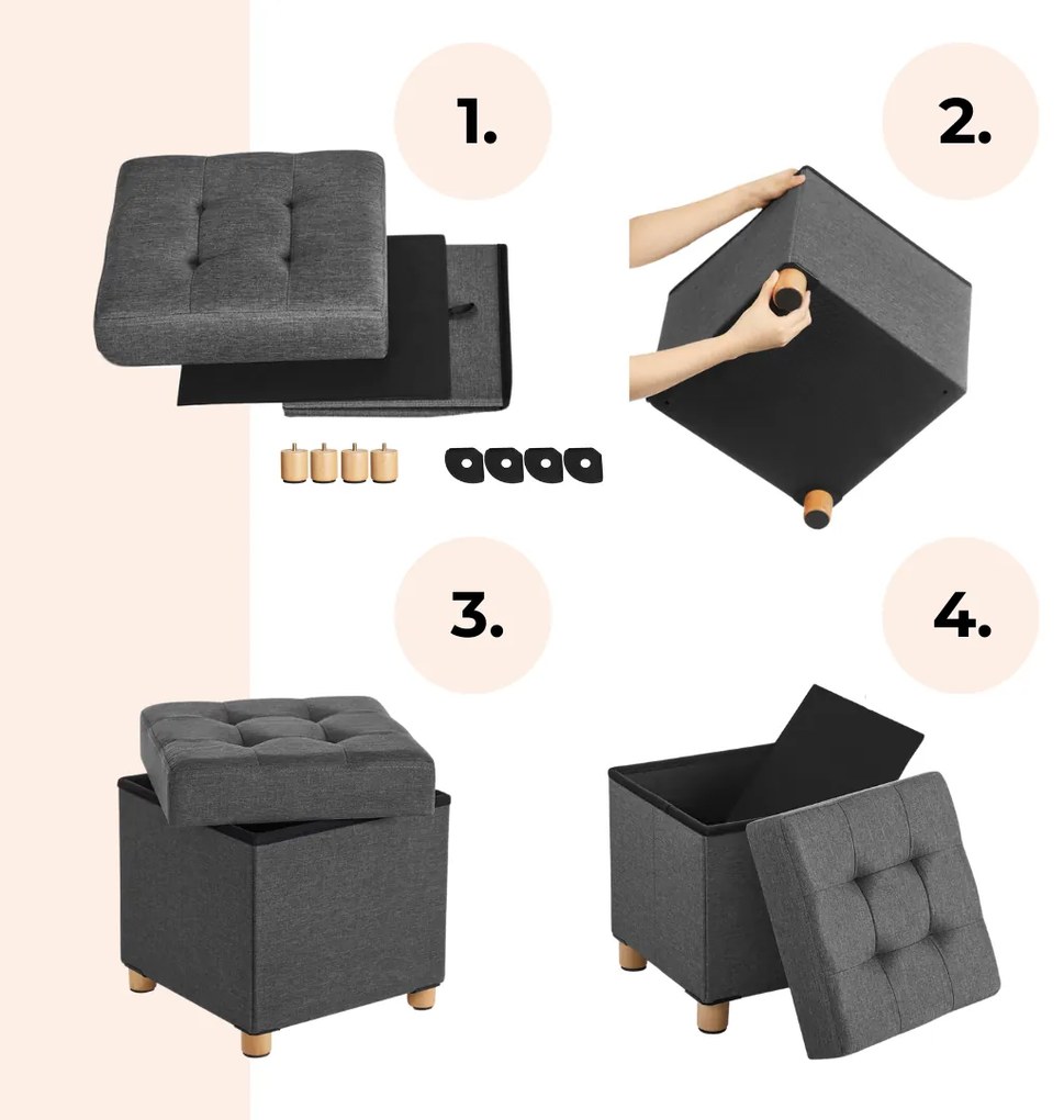 Taburet cu spațiu de depozitare cu picioare OTO, 38x38x40cm, antracit Jurhan