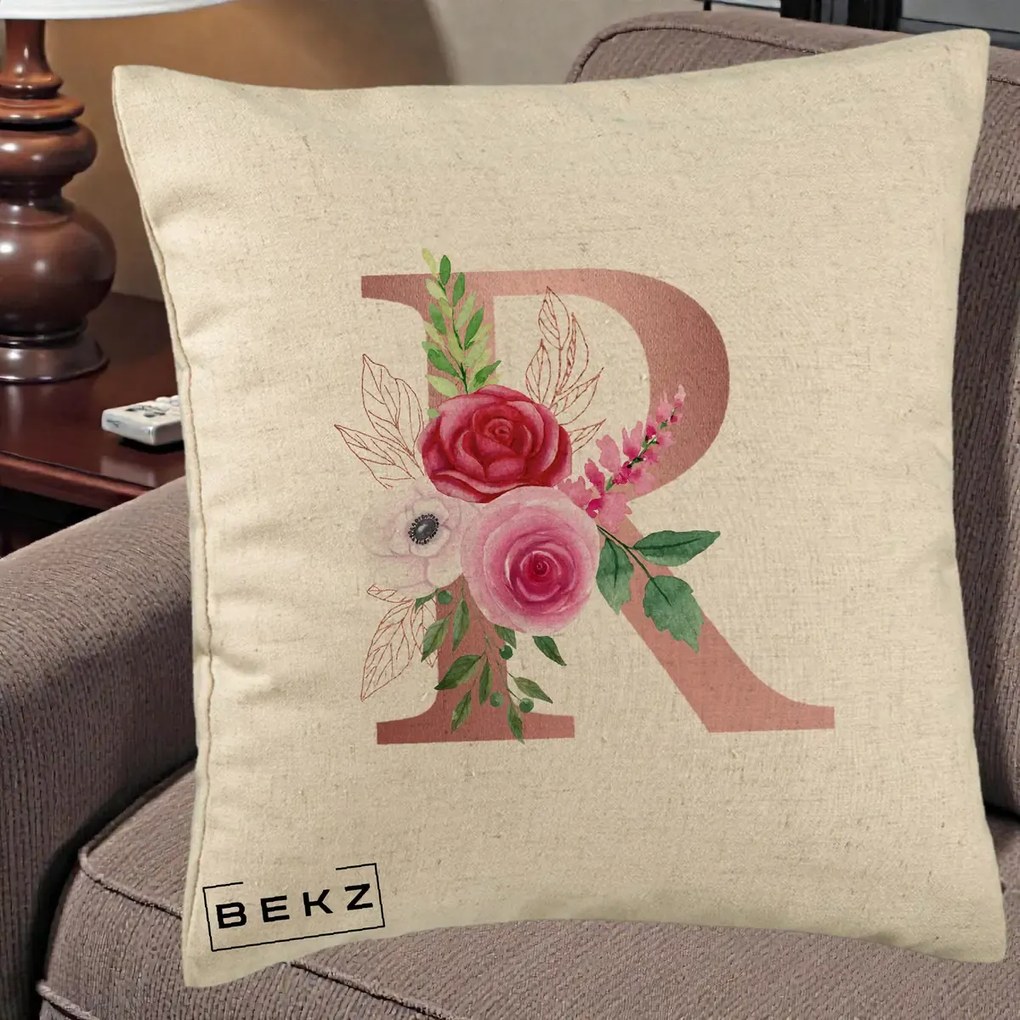 Cadou Personalizat - Perna Personalizata Monograma Rose Gold Litera R, 40x40 cm, Bej, Husa Detasabila, Perna Inclusa, BEKZ®