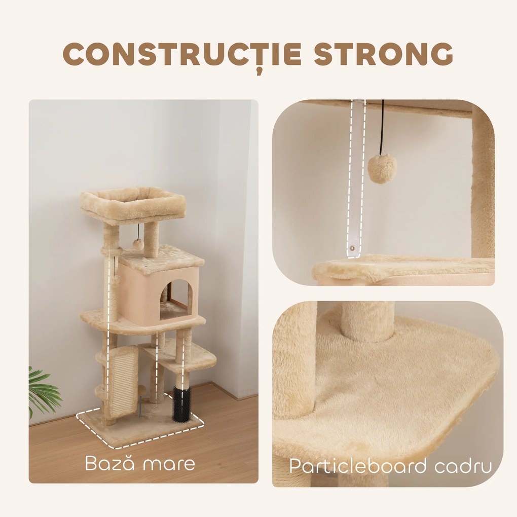 PawHut Arbore pentru Pisici Multilevel Înalt 132 cm cu Căsuță, Culcuș, Stâlpi Zgâriători, Perie și Biliță, Bej | Aosom Romania