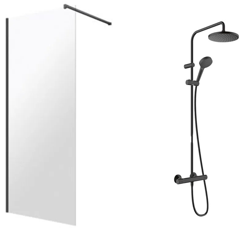 Pachet paravan dus Walk-In Omnires Marina negru 100x200 cm si coloana de dus Hansgrohe Vernis Blend negru