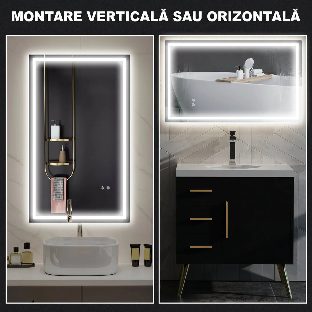 HOMCOM Oglindă de Baie Iluminată cu Lumini LED Reglabile și Strat Anti-Condens, 100x60 cm, Transparent | Aosom Romania