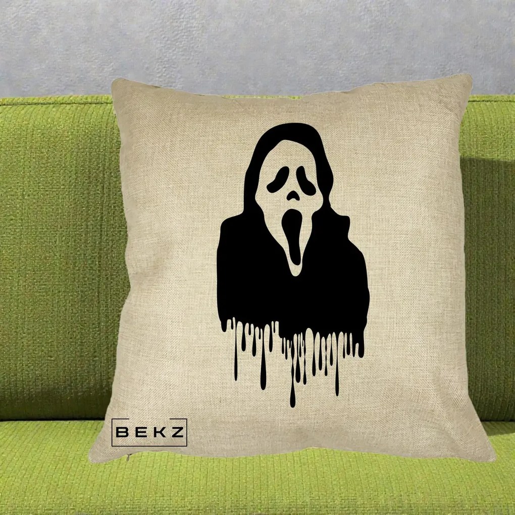 Perna Personalizata Halloween Ghostface Scream Picurand, 40x40 cm, Crem, Husa Detasabila, Perna Inclusa, BEKZ®
