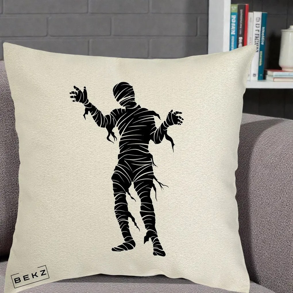 Perna Decorativa Mormii Infricosat Silueta Neagra Halloween, 40x40 cm, Ecru, Husa Detasabila, Perna Inclusa, BEKZ®