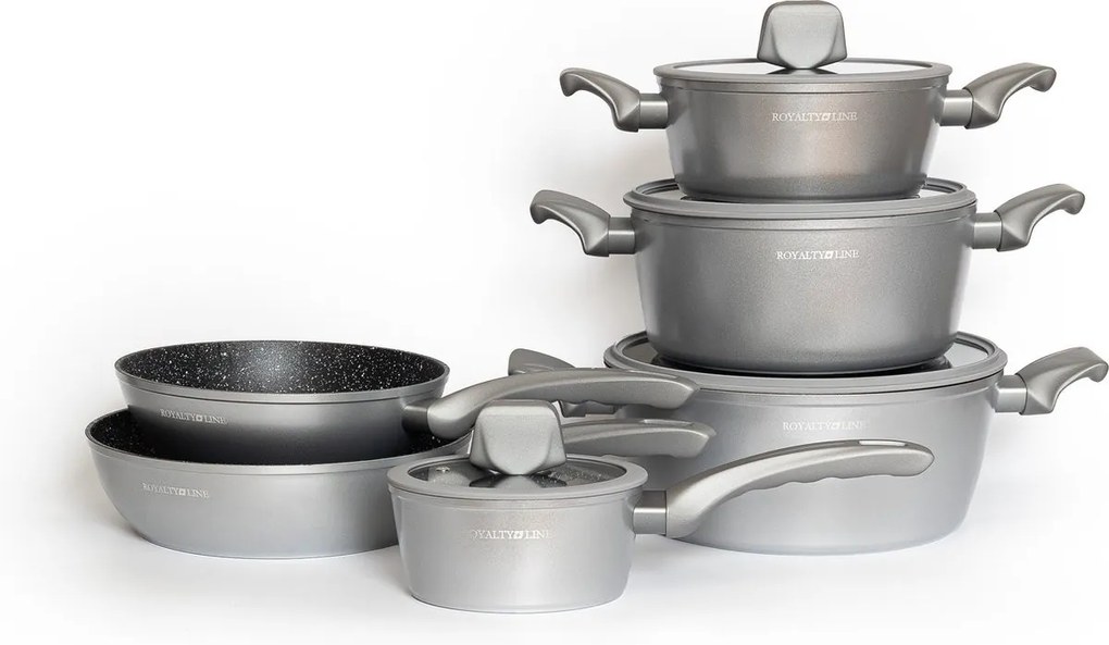 Set oale si tigai Royalty Line T010-Silver, Aluminiu, 10 piese, Acoperire marmura, Argintiu