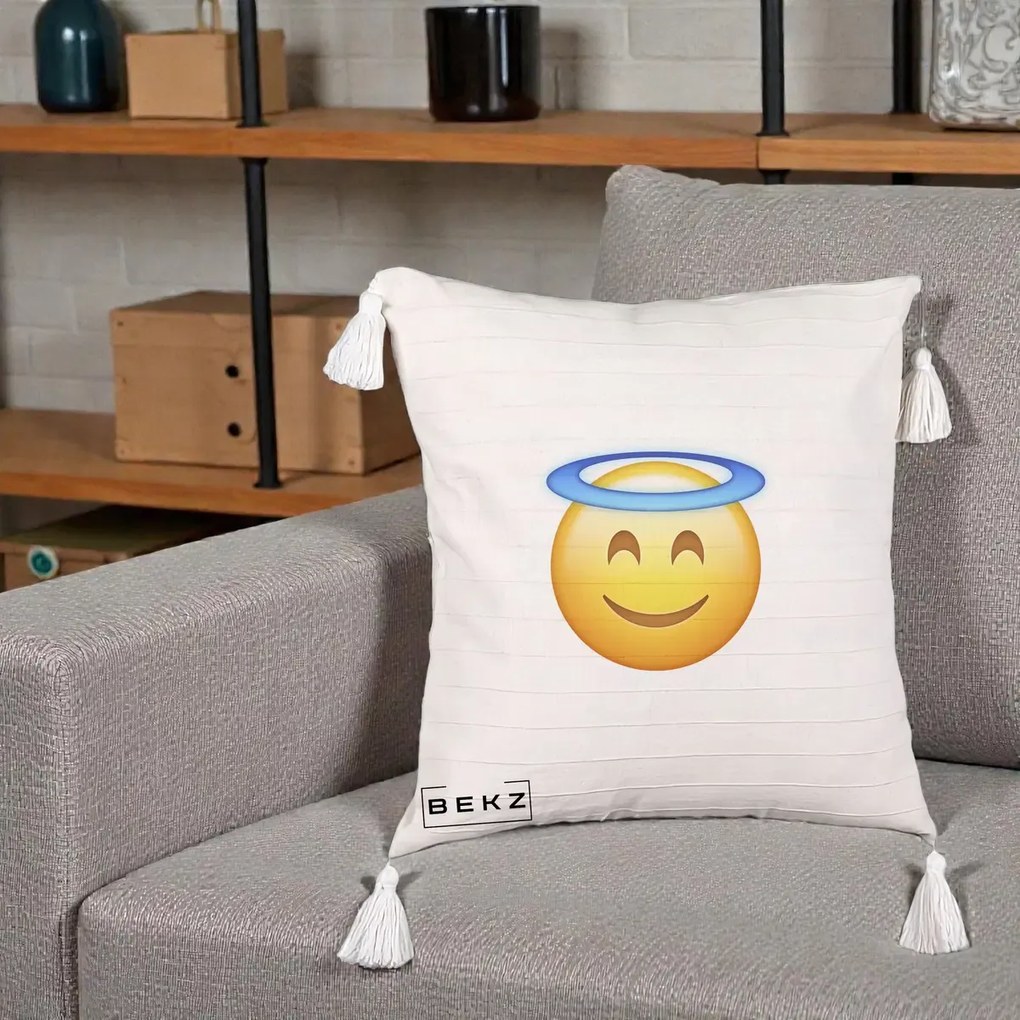 Perna Decorativa Emoji Inger cu Aureola, 40x40 cm, Bej cu Franjuri, Husa Detasabila, Perna Inclusa, BEKZ®