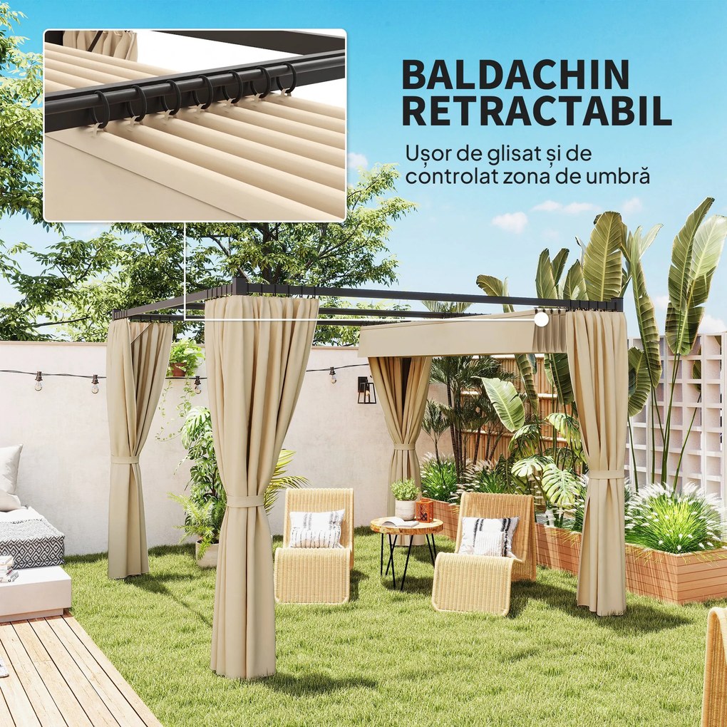 Outsunny Pergola 3 x 3(m) cu acoperis copertina retractabila si perdele, Foisor de exterior cu cadru metalic pentru gradina, Adapost de soare