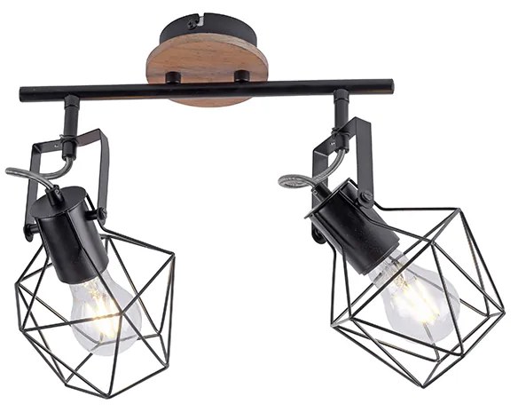 Spotlight industrial negru cu lemn 2 lumini - Sven