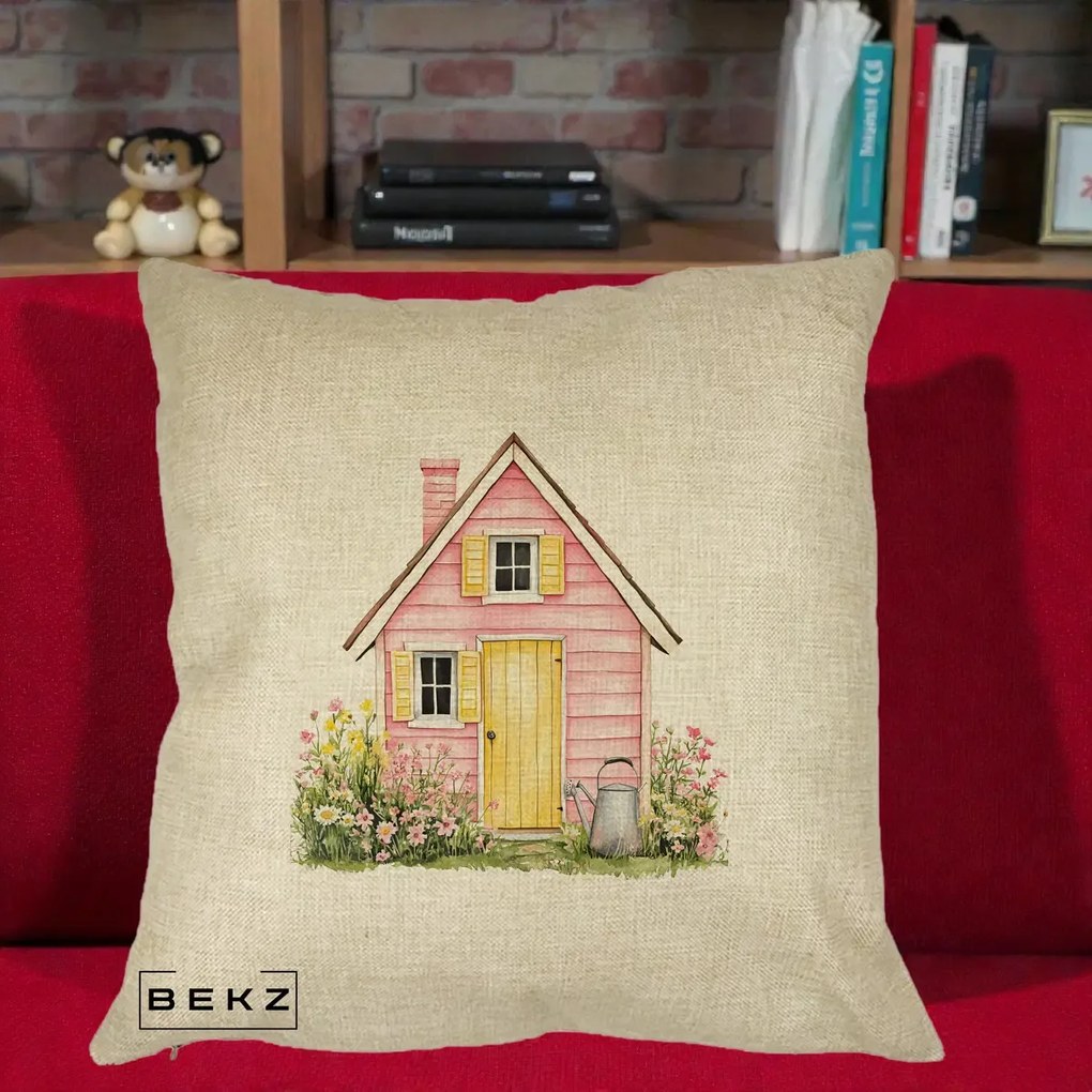 Perna Decorativa Casuta Roz Acuarela cu Gradina, 40x40 cm, Crem, Husa Detasabila, Perna Inclusa, BEKZ®