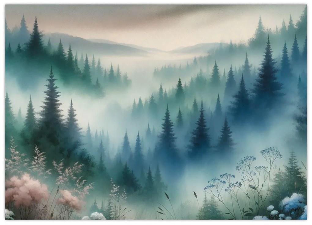 Tablou pe sticlă - Peisaj forestier cu ceață (70x50 cm)